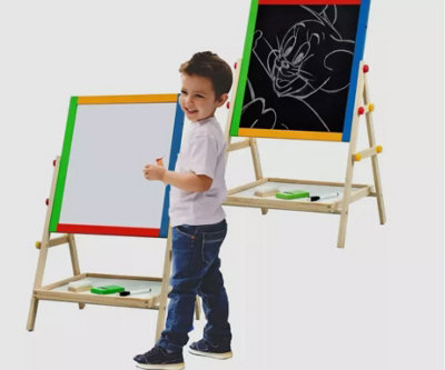 Almineez Kids Wooden 2 In 1 Blackboard & Whiteboard Childrens Easel Chalk Drawing Board 2In