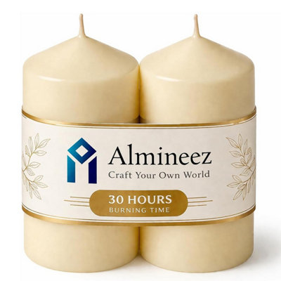 Almineez 2 Ivory Pillar Candles 30 Hour Long Burn Time Smokeless Dripless from B&Q