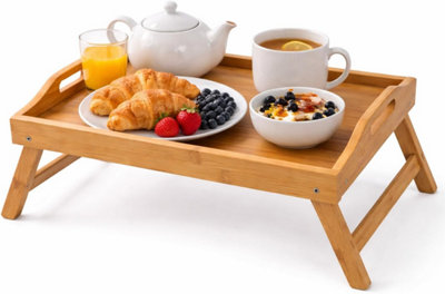 Almineez Bamboo Bed Tray Table With Folding Legs Serving Laptop Tray Snack Breakfast Bed Table from B&Q