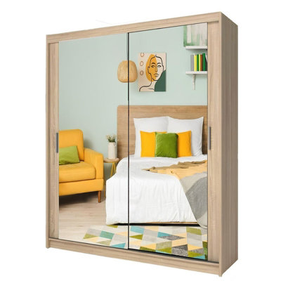 Ie Milan Sliding Mirror Door Wardrobe With Drawers & ShelvesModern Bedroom WardrobeOak (180 Cm X 216Cm ) from B&Q