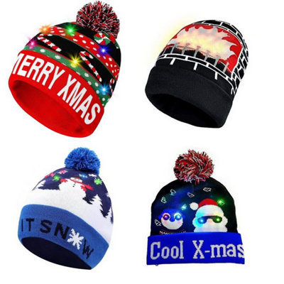 Accessotech 4 Pack Christmas Led Beanie Hats Flashing Light Up Knitted Bobble Caps from B&Q
