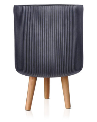 Idealist™ (Dia) 26Cm Black Reinforced Stone Flower PotFluted Cylinder Planter On LegsIndoor Plant Pot D26 H46 Cm18L from B&Q
