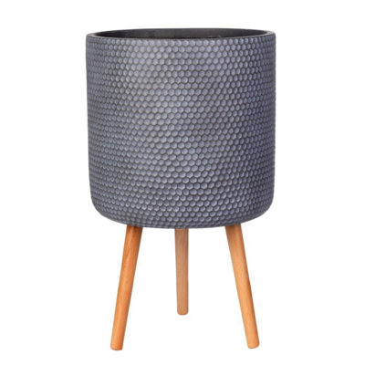 Idealist™ (Dia) 37Cm Grey Reinforced Stone Flower PotRound Planter On Wooden LegsIndoor Plant Pot For Plants D37 H65 Cm32L from B&Q