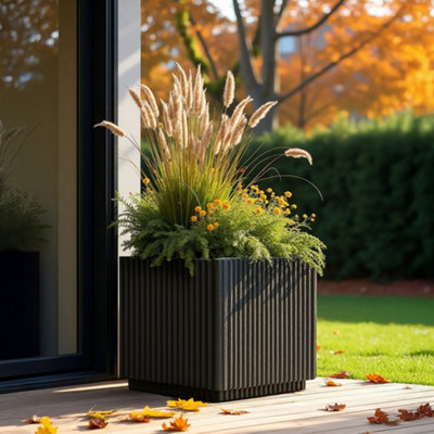 Idealist™ 44Cm Planter For TreesBlack Reinforced Stone Square Flower Box Ribbed Garden PlanterOutdoor Plant Pot from B&Q