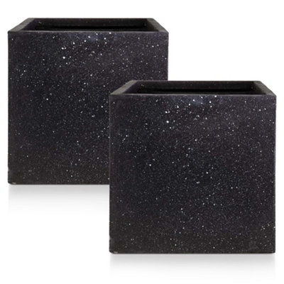Set Of 2 Idealist™ 40Cm Square PlanterBlack Terrazzo Effect Reinforced Stone Flower BoxOutdoor Plant Pot from B&Q