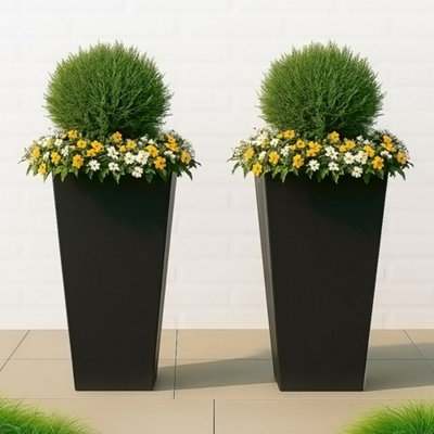 Set Of 2 Idealist™ 65Cm Tall PlanterBlack Reinforced Stone Garden PlantersLarge Outdoor Plant Pots L32 W32 H65 Cm67L from B&Q