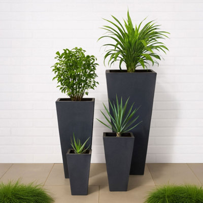 4 Pcs Garden Tall PlantersDark Grey Reinforced Stone Idealist™ Pots : H38 W18 Cm + H50 W24 Cm + H65 W32 Cm + H89 W43 Cm from B&Q