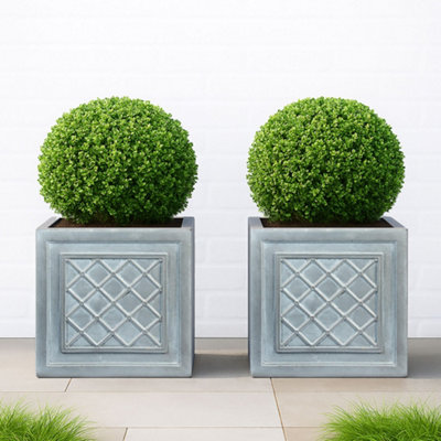 Set Of 2 Idealist™ 37Cm Square PlanterGrey Reinforced Stone Lazio PlanterLattice Flower BoxVintage Style Outdoor Plant Pot from B&Q