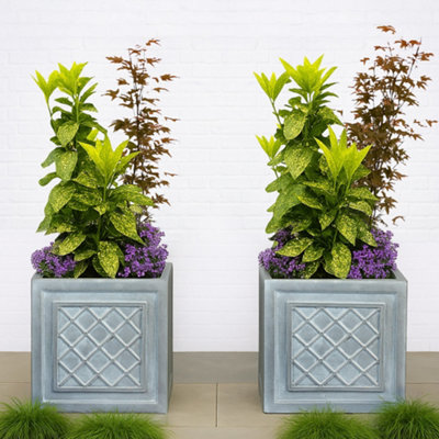 Set Of 2 Idealist™ 45Cm PlanterGrey Reinforced Stone Lazio Square PlanterLattice Flower BoxVintage Style Outdoor Plant Pot from B&Q