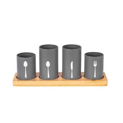 Innoteck Essentials 4Pcs Kitchen Cutlery Holder Set With Bamboo StandGrey from B&Q