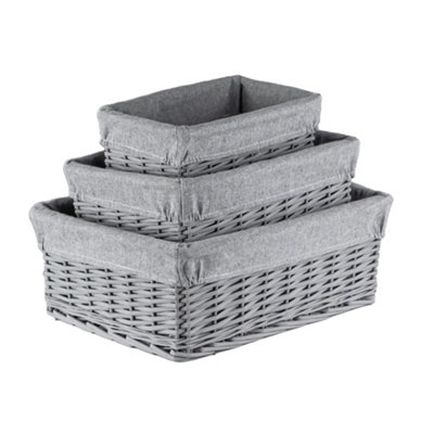 Innoteck Essentials Wicker Storage Baskets With Cloth Lining(Set Of 3) - Grey
