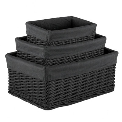 Innoteck Essentials Wicker Storage Baskets With Cloth Lining(Set Of 3) - Black