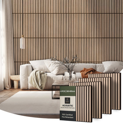 B&Q -  Wooden Wall PanelsPremium Acoustic Wall PanelsSlat Wall PanellingFire RetardantPack Of 460X60Cm Natural Oak
