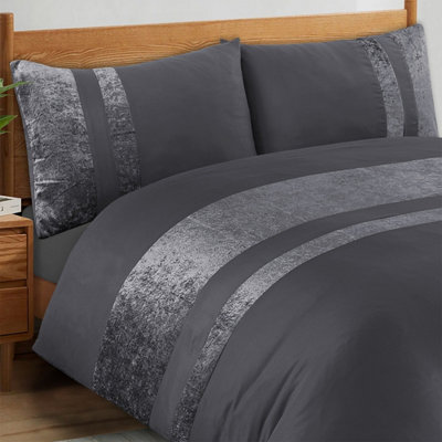 B&Q -  Luxury Crushed Velvet Panel Band Duvet Cover Sets With Pillow Case King Duvet Cover Bedding Set Grey