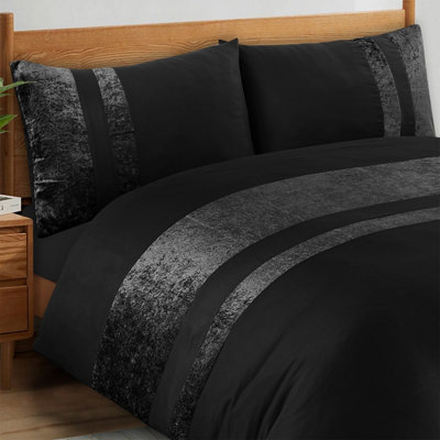Casabella Black Luxury Crushed Velvet Panel Band Duvet Cover Sets With Pillow Case Single Duvet Cover Bedding Set 137Cm