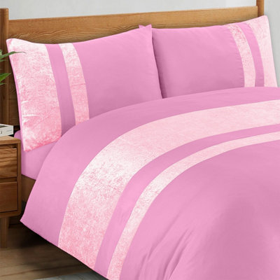 B&Q -  Luxury Crushed Velvet Panel Band Duvet Cover Sets With Pillow Case King Duvet Cover Bedding Set Pink