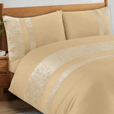B&Q -  Luxury Crushed Velvet Panel Band Duvet Cover Sets With Pillow Case King Duvet Cover Bedding Set Beige