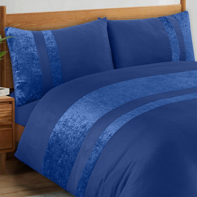 B&Q -  Luxury Crushed Velvet Panel Band Duvet Cover Sets With Pillow Case Super King Duvet Cover Bedding Set Navy