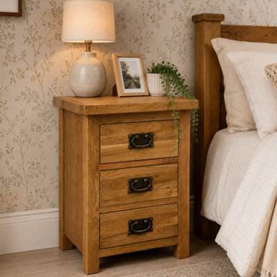 B&Q -  Oak 3 Drawer Bedside Table Rustic Fully Assembled Bedroom Cabinet With Dovetail Drawers