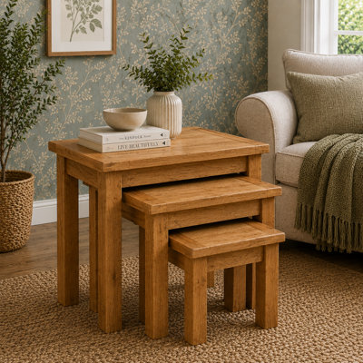 B&Q -  Oak Nest Of 3 Tables Rustic Fully Assembled Space Saving Side Table Set