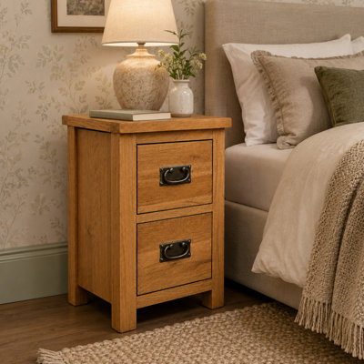 B&Q -  Oak 2 Drawer Bedside Table Rustic Fully Assembled Bedroom Cabinet With Dovetail Drawers