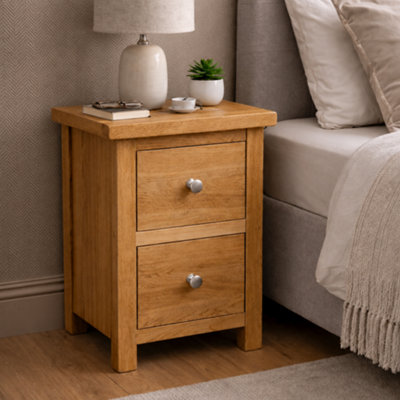 B&Q -  Oak 2 Drawer Bedside Table Rustic Fully Assembled Bedroom Cabinet With Chrome Knobs