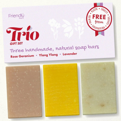 B&Q Friendly Soap - Natural Soap Trio Gift Set - Rose Geranium, Ylang Ylang, Lavender - 3 Pack