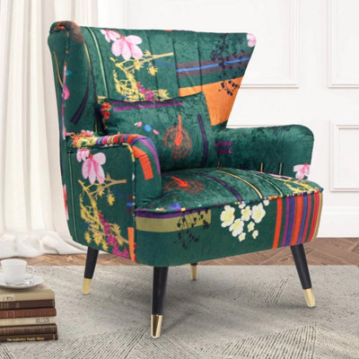 Fabric Green Patchwork Accent Wingback Chair from B&Q