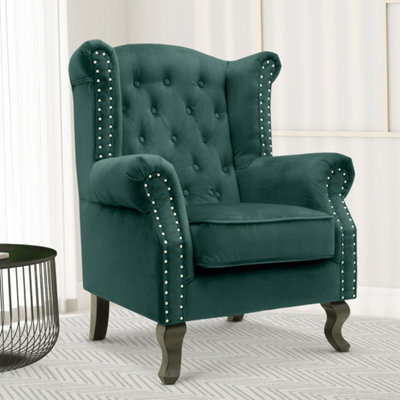Velvet Wingback Fireside Chair Armchair With Buttons Bottle Green from B&Q