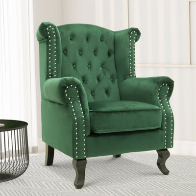  - Velvet Wingback Fireside Chair Armchair With Buttons Emerald Green