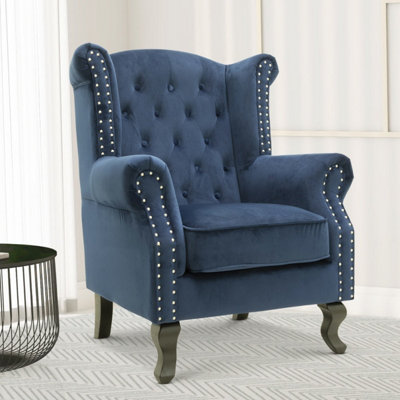  - Velvet Wingback Fireside Chair Armchair With Buttons Navy Blue