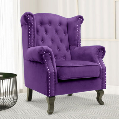  - Velvet Wing Back Fireside Henley Chair Armchair With Buttons Purple