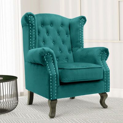  - Velvet Wingback Fireside Chair Armchair With Buttons Teal Turquoise