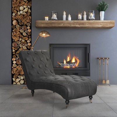 Chaise Lounge In Faux Leather Suede Grey Chesterfield