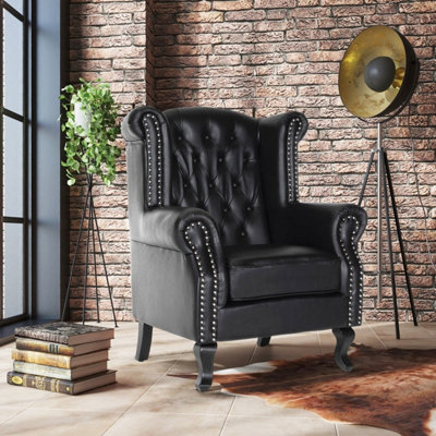 Faux Leather Balmoral Wingback Chair With Buttons Black from B&Q