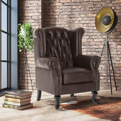 Faux Leather Wingback Armchair Button Back Stud Detail Wooden Legs Fireside Chair from B&Q