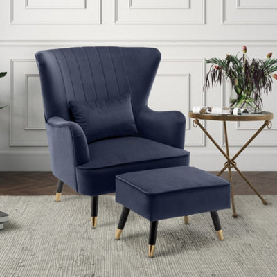 Velvet Navy Blue Camila Accent Wingback Chair With Footstool from B&Q