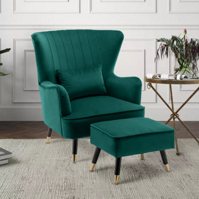 Velvet Emerald Green Camila Accent Wingback Chair With Footstool from B&Q