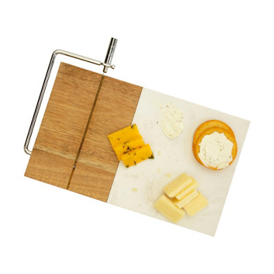 Homiu White Marble & Wood Cheeseboard With SlicerNatural Marble Cheese Board With Built-In Wire Cutter from B&Q