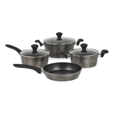 Homiu 7 Piece Titanium Cookware Set With Tempered Glass LidsNon-Stick SaucepanCasserole & Frying Pan SetAll Hob Compatible from B&Q