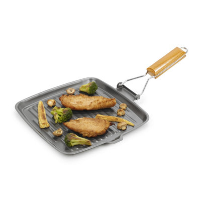 B&Q -  Griddle Pan With Folding HandleLarge Non Stick Carbon Steel Grill Frying Pan With Pouring LipRidged SurfaceSquare
