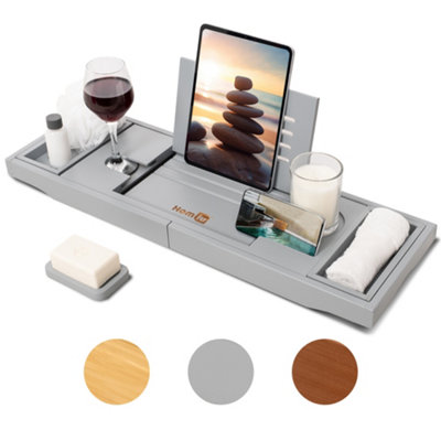 Homiu Bamboo Bathtub Caddy Tray Expandable Bath Caddy Organizer W/ Book Ipad Kindle Stand from B&Q