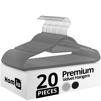 Homiu 20 Pack Grey Premium Velvet Suit HangersNon-Slip Clothes Hangers With Tie Bar & HookFor CoatClothesTrouserDress from B&Q