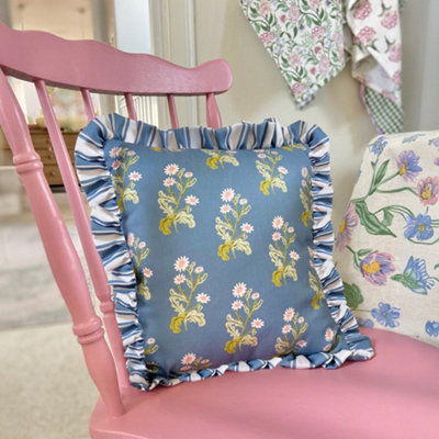 rucomfy Beanbags Rucomfy Linen Look 45X45Cm CushionFrilled Edge Floral Stripe Throw Pillow from B&Q