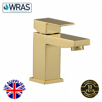  - Solo Brushed Brass Basin Mixer Square Tap With Click Clack Waste