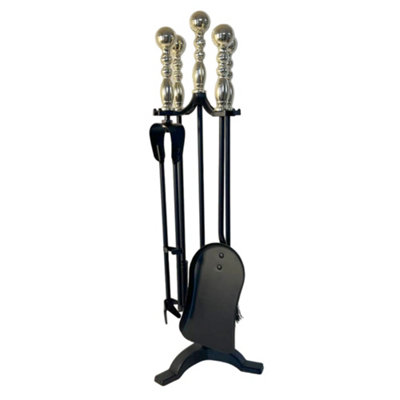 B&Q -  Large Brass Handled Metal 5 Piece Fireside Companion Set. Fire Companion Sets Includes StandBrushTongsPokerAnd Shovel 61 H