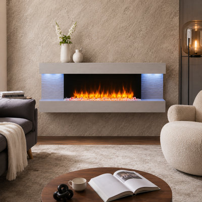  - Flamme Kingston 60" Wall Mounted Electric Fireplace Cement Grey With 3 Flame Colours And 13 Mood Lighting Options 1.5Kw Heater