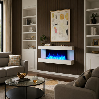  - Flamme Kingston 60" Wall Mounted Electric Fireplace White With 3 Flame Colours And 13 Mood Lighting Options 1.5Kw Heater