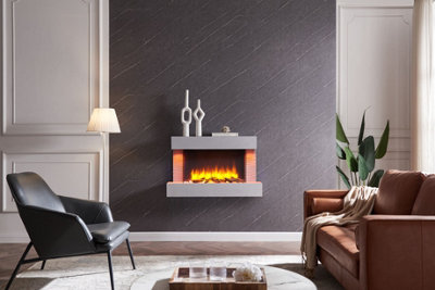  - Flamme Kingston 39" Wall Mounted Electric Fireplace Cement Grey With 3 Flame Colours And 13 Mood Lighting Options 1.5Kw Heater