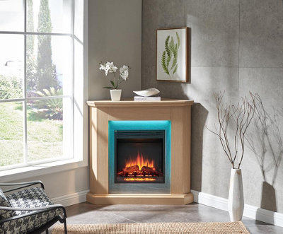 B&Q Flamme 38'' Howick Corner Fireplace With Surround 2Kw Fireplace Heater Natural Oak Multiple Colours Available
